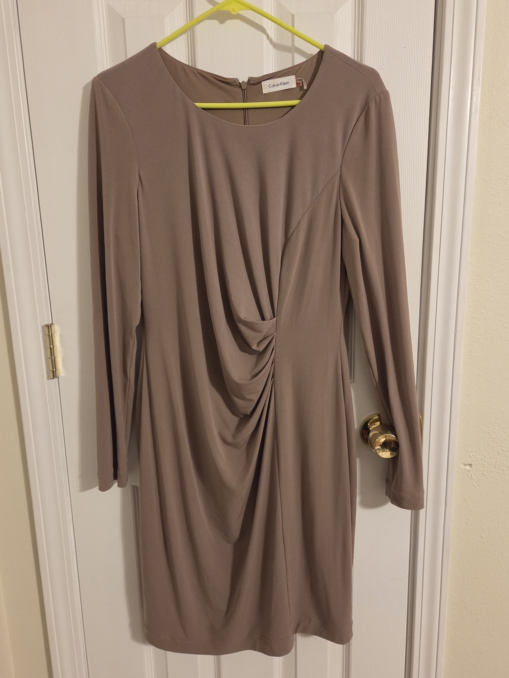 Calvin Klein Mauve-Taupe Long-Sleeve Draped Jersey Dress